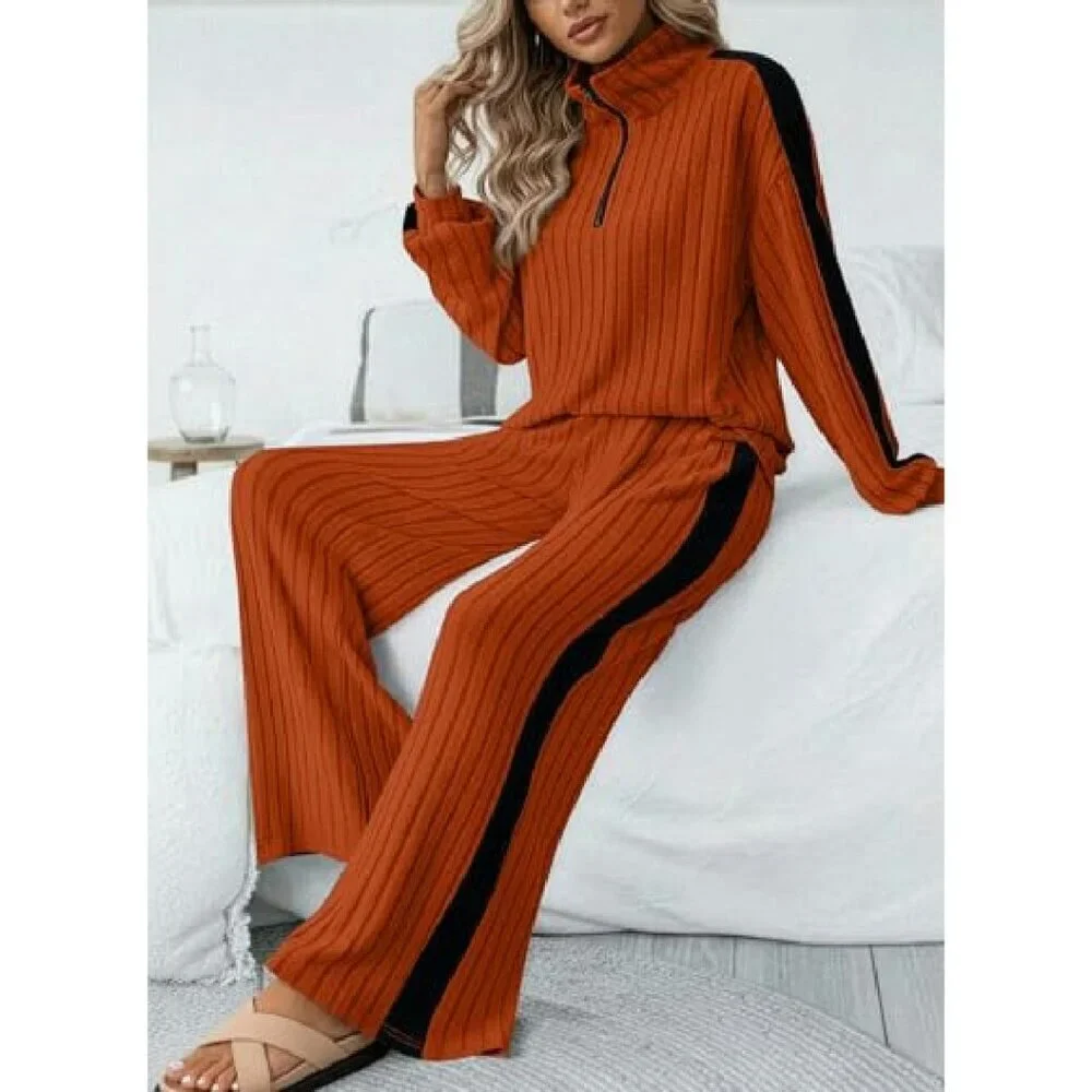 Ribbed Knit Lounge Set Half Zip Sweatshirt Wide Leg Joggers